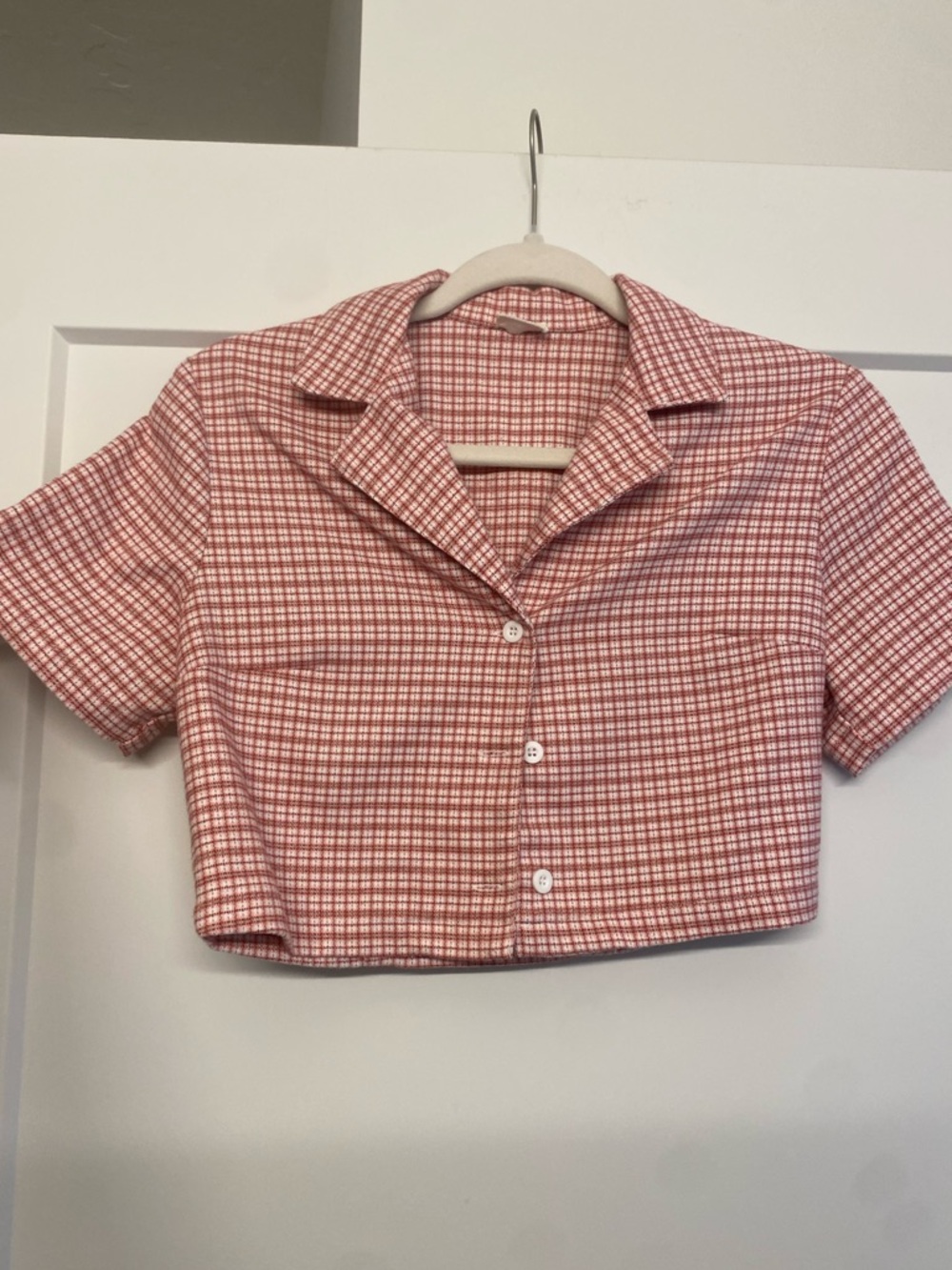Brandy Melville Pink and White Plaid Cropped Button Shirt